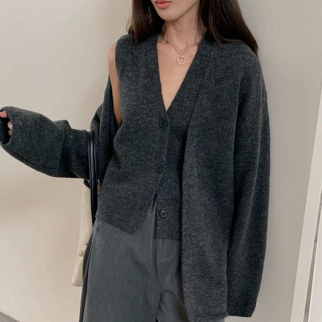 Damen Kuscheliger Strickcardigan mit großer Knopfleiste und Ballonärmeln EB