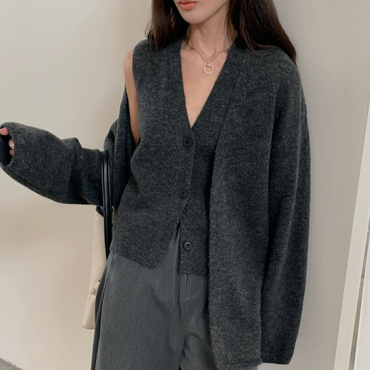 Damen Kuscheliger Strickcardigan mit großer Knopfleiste und Ballonärmeln EB