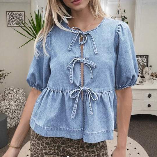 Damen Modische Jeansbluse mit dekorativen Schleifendetails und voluminösen Ärmeln EB