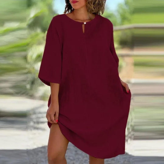 Damen luftig geschnittenes Kleid mit praktischen Taschen und elegantem Ausschnitt EB