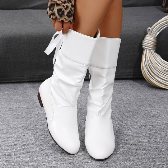 Damen nan schafthöhe Stiefel mit Raffung, rückseitiger Schnürung und niedrigem Blockabsatz EB