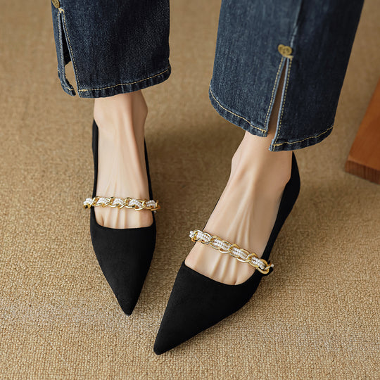 Damen elegante spitze Ballerinas mit modischer Kettenapplikation EB
