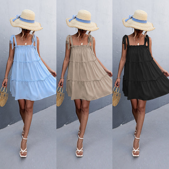 Damen luftiges Sommerkleid mit Rüschendetails und verstellbaren Trägern EB