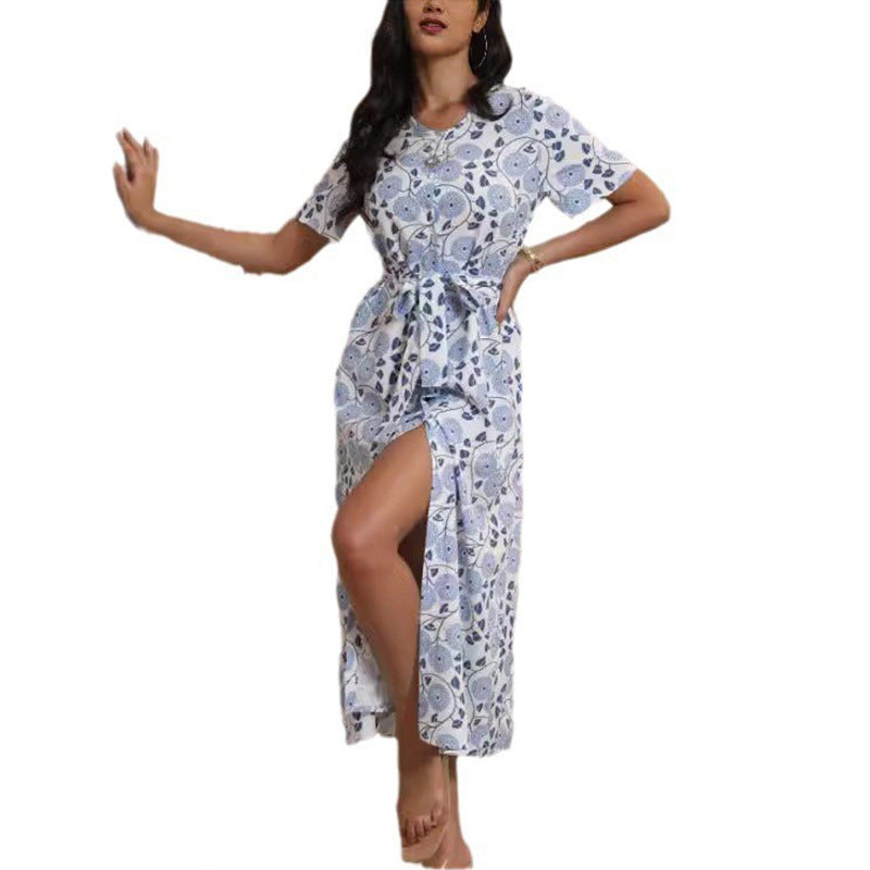 Damen Langarmmaxikleid mit floralem Design und elegantem Bindegürtel EB