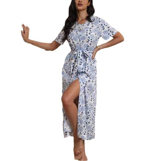 Damen Langarmmaxikleid mit floralem Design und elegantem Bindegürtel EB