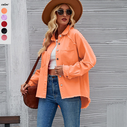 Damen Denimjacke mit lässigem Schnitt und fransigen Details EB