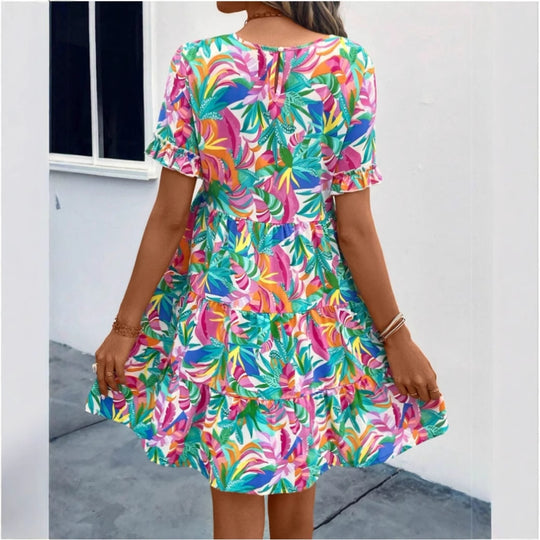 Damen Sommerliches Freizeitkleid mit Rüschendetails und frischem Blumenmuster EB