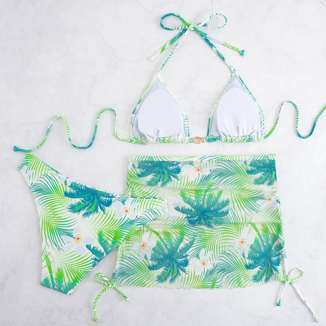 Damen Bikini-Set mit elegantem Wickelrock und tropischem Design EB