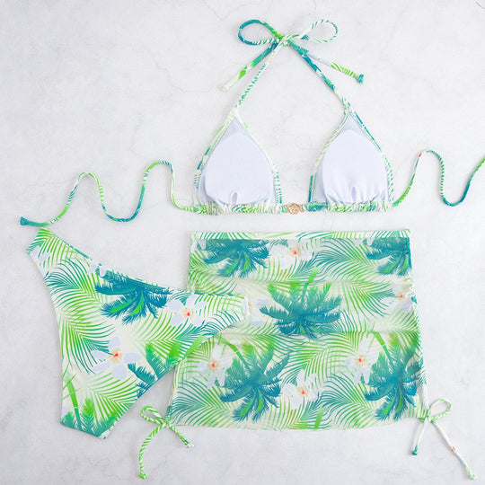 Damen Bikini-Set mit elegantem Wickelrock und tropischem Design EB