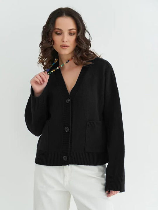 Damen Lässiger Strickcardigan mit gerippten Ärmeln und Rundhalsausschnitt EB