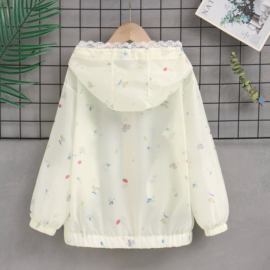 Damen nan leichte Kapuzen-Sommerjacke mit Spitzenbesatz, zartem Allover-Print und Reißverschluss R&B