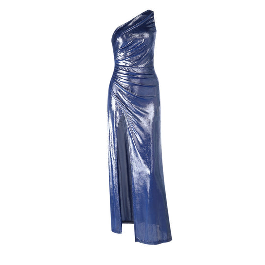 Damen Glamouröses Wickelabendkleid mit asymmetrischem Design und hochgeschlossenem Schlitz EB