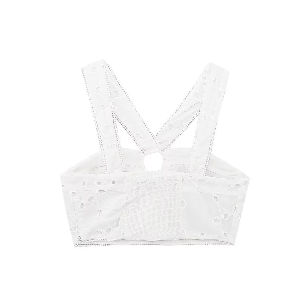 Damen Brokat-Crop-Top mit elegantem Ausschnitt und verzierten Trägern EB