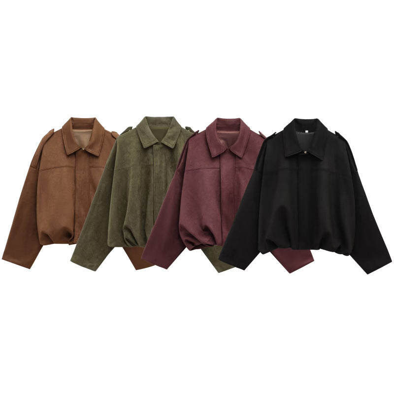 Damen modische Oversize-Jacke aus weichem Kunstleder mit dekorativen Details EB
