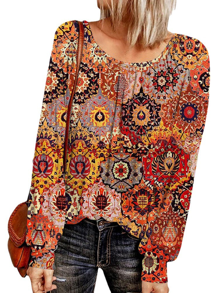 Damen Ethno-Print Oversize-Tunika mit Rundhalsausschnitt und langen Ballonärmeln EB