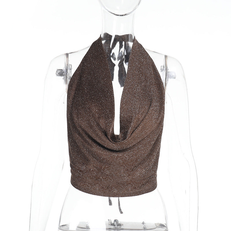 Damen Elegantes Halter-Crop-Top mit schimmerndem Stoff EB