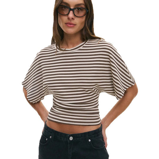 Damen modernes Kurzarm-Top mit lässigem Streifenmuster und elegantem Schnitt EB