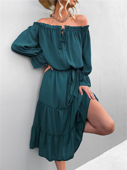 Damen lässiges Off-Shoulder Kleid mit Rüschensaum und Taillengürtel EB