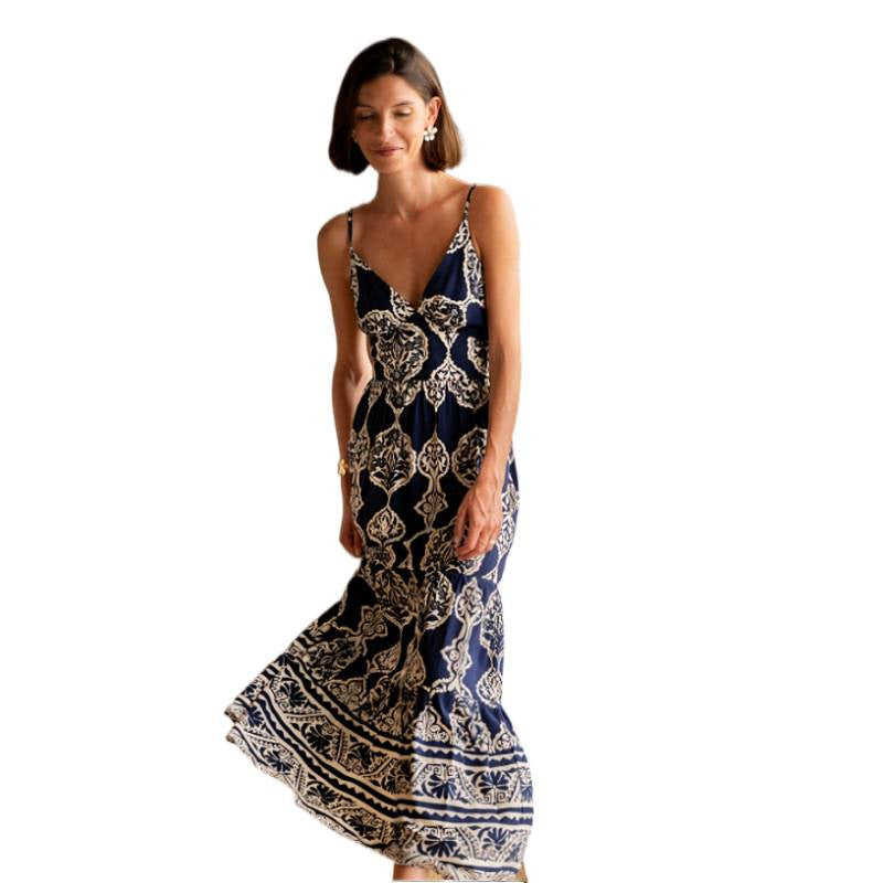 Damen Maxikleid mit tiefem V-Ausschnitt und verspieltem Muster EB