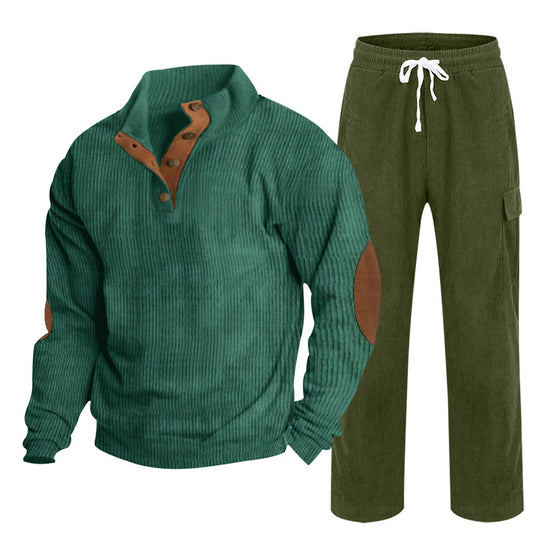 Herren nan strukturiertes Cord-Henley-Loungewear-Set mit Ellenbogenpatches und Cargo-Jogpant EB