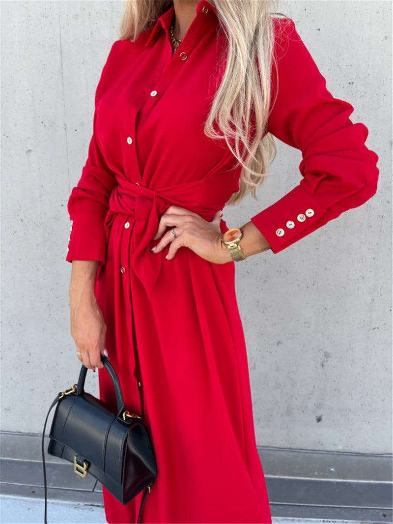 Damen Hemdkleid mit Wickelgürtel und Knopfleiste EB