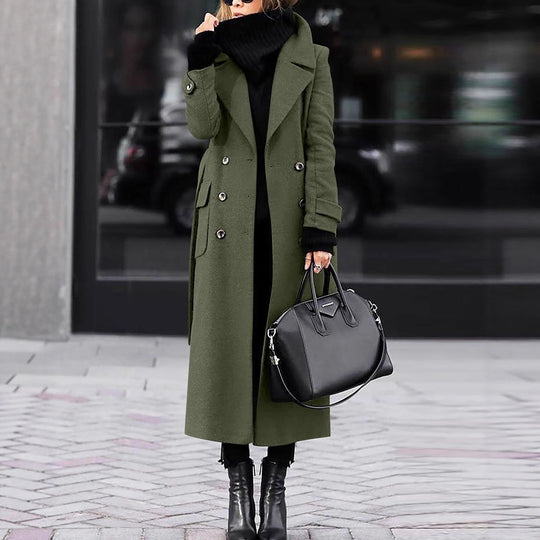 Damen nan eleganter Maxi-Wollmixmantel mit doppelreihiger Knopfleiste, weitem Reverskragen und aufgesetzten Taschenklappen EB