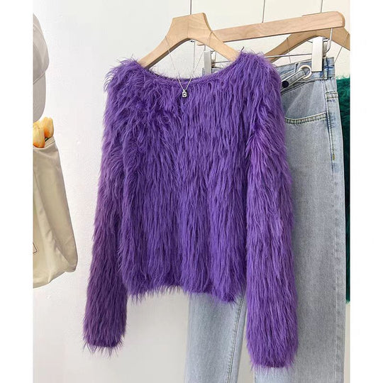 Damen Flauschiger Pullover mit lockerem Schnitt und weichen Ärmeln EB