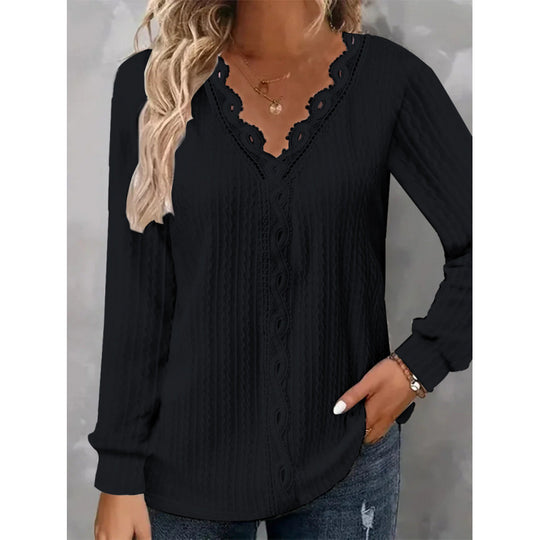 Damen Langarm Bluse mit eleganten Spitzenakzenten und strukturiertem Design EB