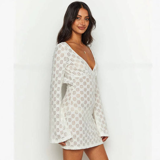 Damen Spitzen-Kleid mit V-Ausschnitt und langen Ärmeln EB