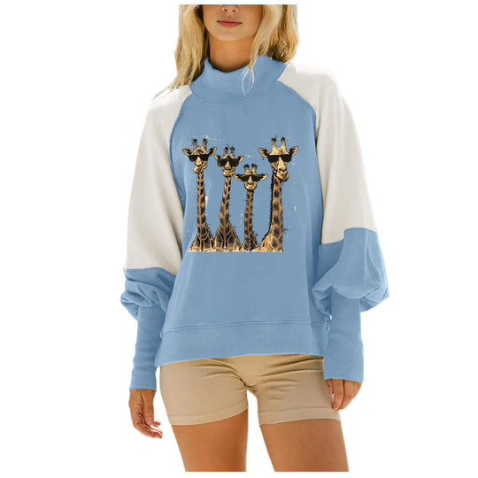 Damen nan lässiges Oversize Sweatshirt mit hohem Rollkragen, Raglanärmeln und Giraffen-Print EB
