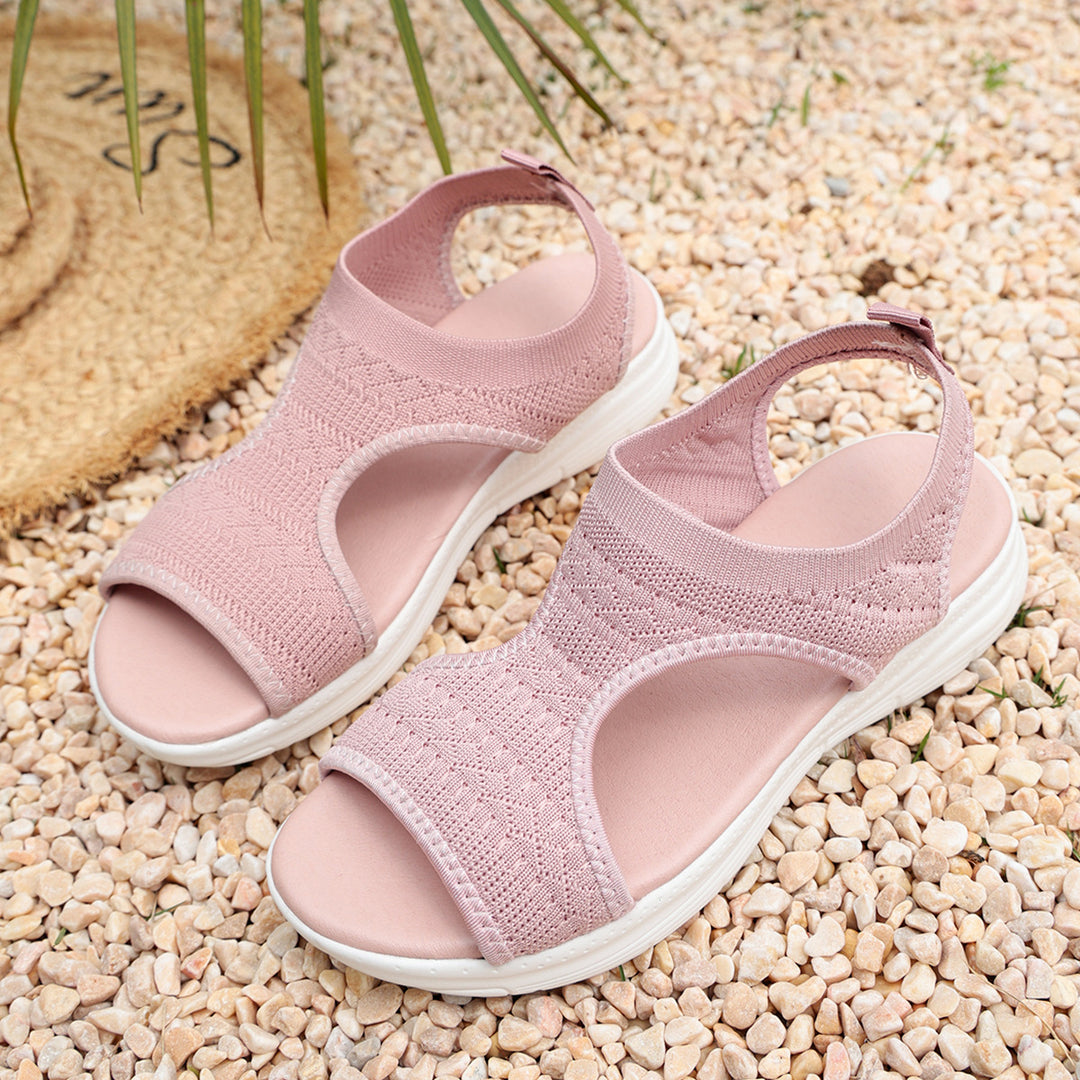 Damen sportliche Zehentrenner-Sandalen mit atmungsaktivem Strickdesign und elastischen Riemen EB