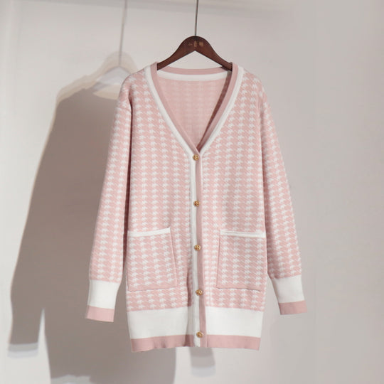 Damen Strickcardigan mit klassischem Hahnentritt-Muster und Knopfleiste EB