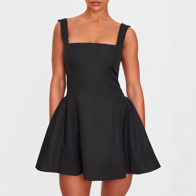 Damen A-Linien Kleid mit quadratischem Ausschnitt und angeschnittenen Taschen EB