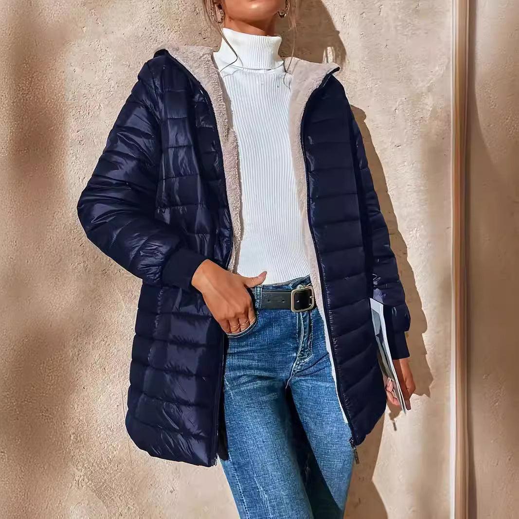 Damen Langer Steppmantel mit Teddyfutter und Kapuze EB