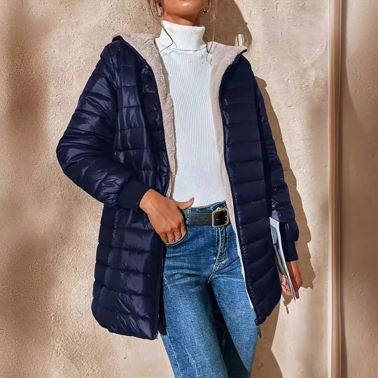 Damen Langer Steppmantel mit Teddyfutter und Kapuze EB