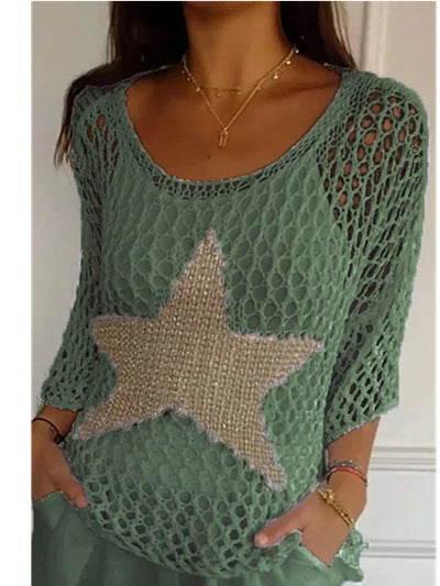 Damen nan oversized gehäkelter Pullover mit Sternapplikation und 3/4-Ärmeln EB