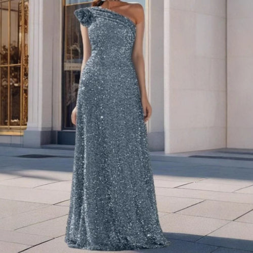 Damen Glamouröses Maxikleid mit schulterfreiem Design und funkelnden Pailletten EB