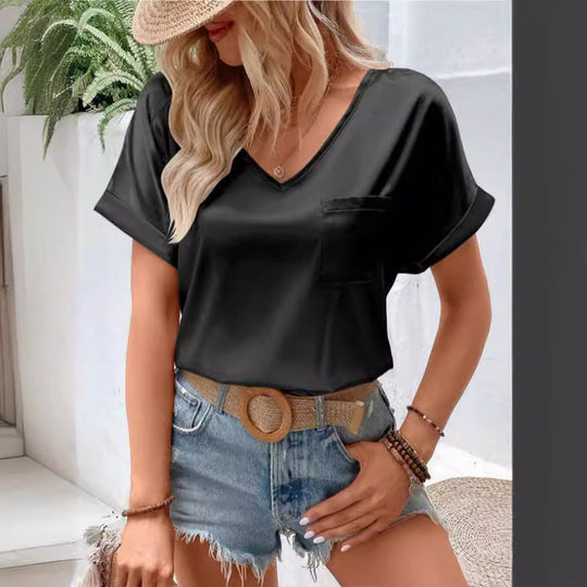 Damen Satin V-Ausschnitt T-Shirt mit Brusttasche und Lässigem Schnitt EB