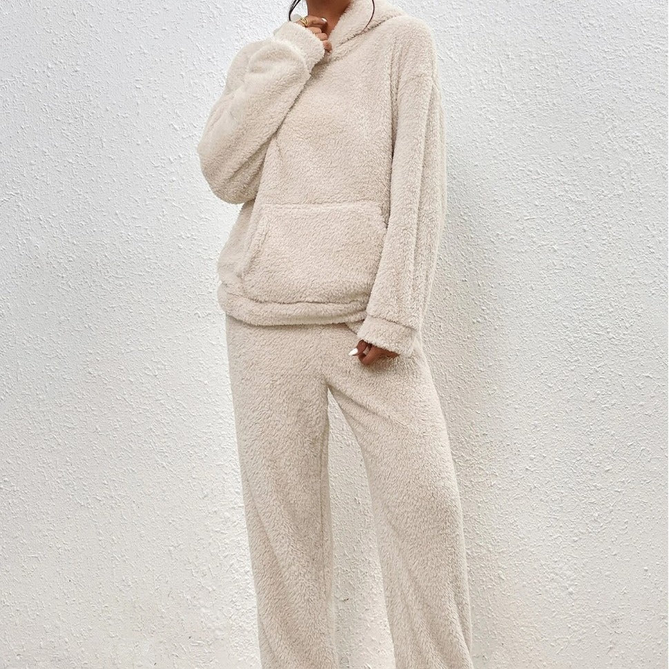 Damen nan kuscheliges Teddy-Fleece Hausanzug-Set mit Kapuze, Kängurutasche und elastischer Jogginghose EB