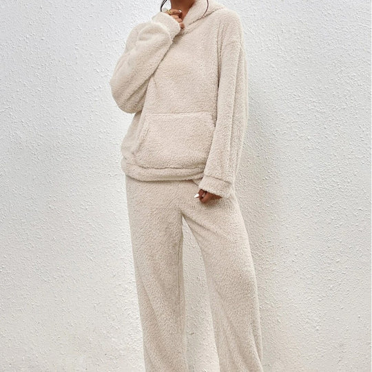 Damen nan kuscheliges Teddy-Fleece Hausanzug-Set mit Kapuze, Kängurutasche und elastischer Jogginghose EB