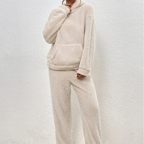 Damen nan kuscheliges Teddy-Fleece Hausanzug-Set mit Kapuze, Kängurutasche und elastischer Jogginghose EB
