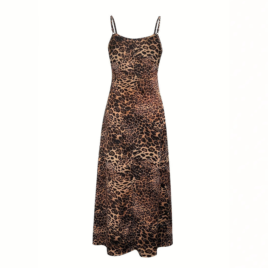 Damen Maxikleid mit Spaghetti-Trägern und asymmetrischem Tiermuster EB