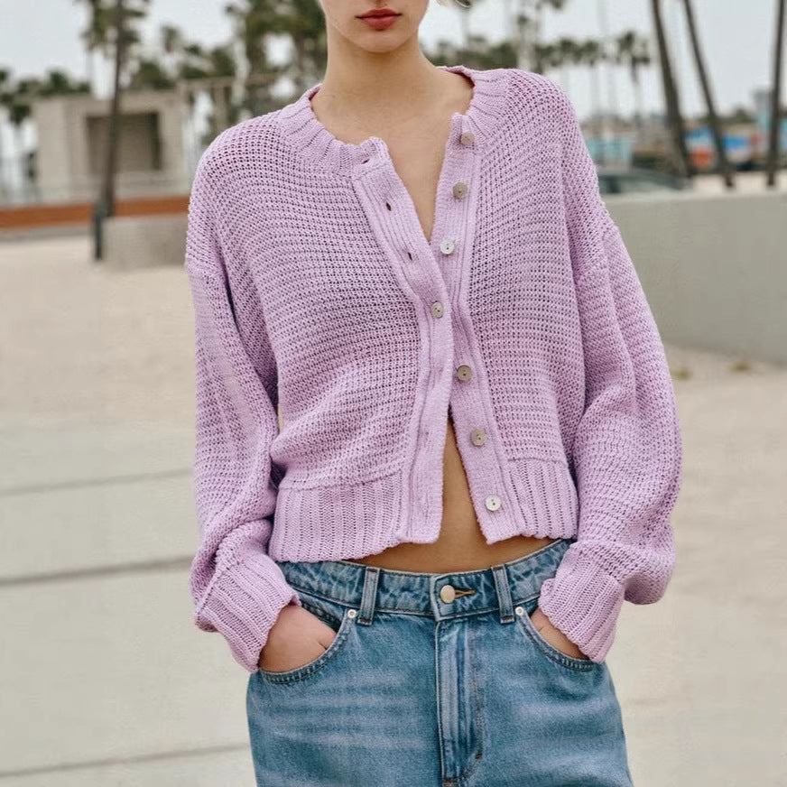 Damen Lockere Cropped-Strickjacke mit Knopfleiste und offener Struktur EB