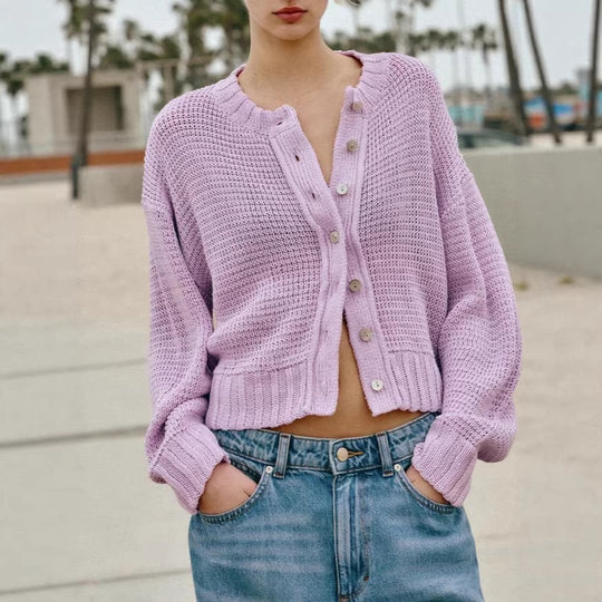 Damen Lockere Cropped-Strickjacke mit Knopfleiste und offener Struktur EB