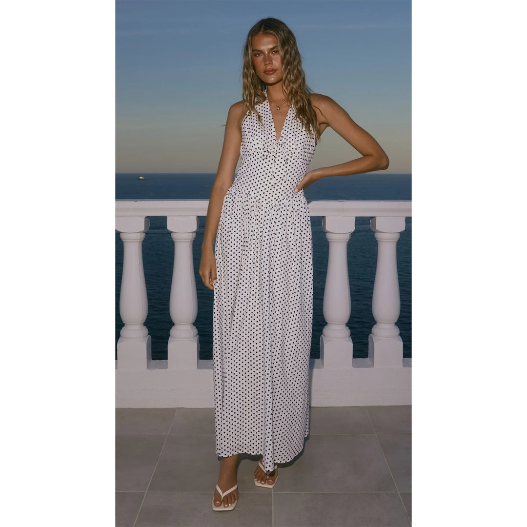 Damen Maxikleid mit tiefem V-Ausschnitt und verspieltem Polka-Dot-Muster EB