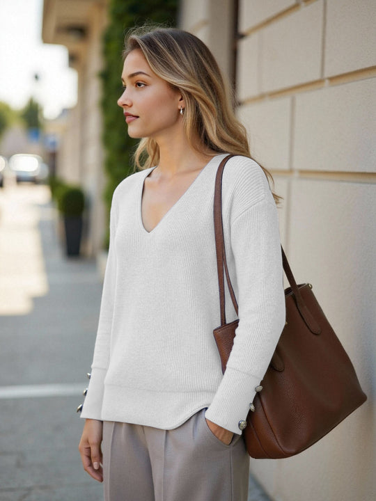 Damen V-Ausschnitt Strickpullover mit dekorativen Knöpfen EB