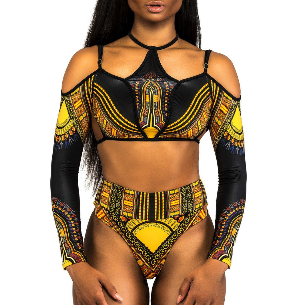 Damen Crop-Top Bikini mit langen Ärmeln und innovativem Muster EB
