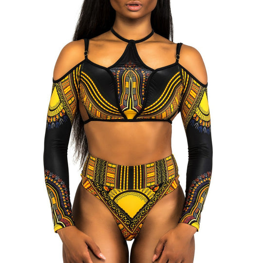 Damen Crop-Top Bikini mit langen Ärmeln und innovativem Muster EB