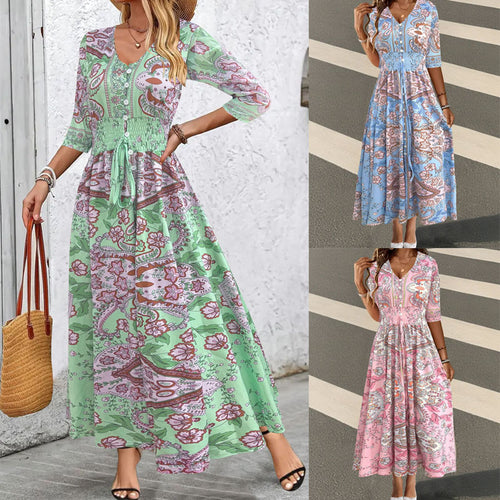 Damen Maxikleid mit floralem Paisleymuster und schmeichelndem V-Ausschnitt EB