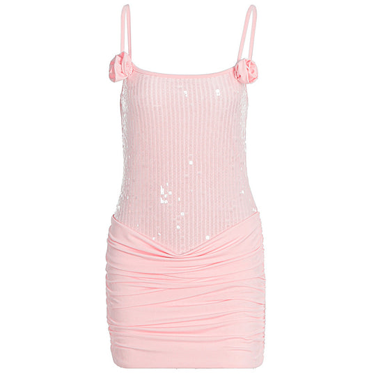 Damen Minikleid mit Paillettenverzierung und Rüschendetails EB